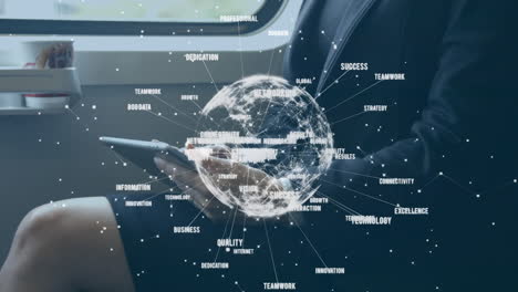 composición digital del globo de la red de conexiones girando contra la sección media de la mujer de negocios