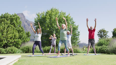 diverse group of male and female seniors practicing yoga together in sunny garden, slow motion