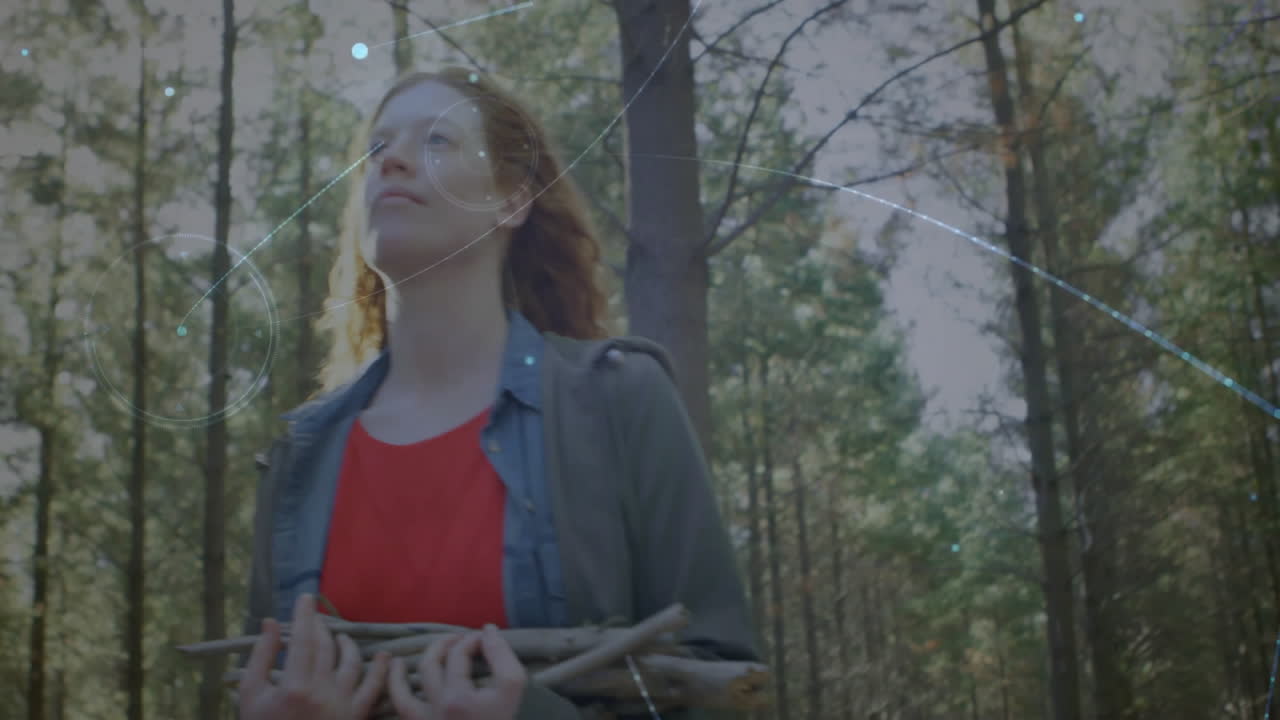Woman hiking in pine forest, with animated education icons and carbon data graphs floating