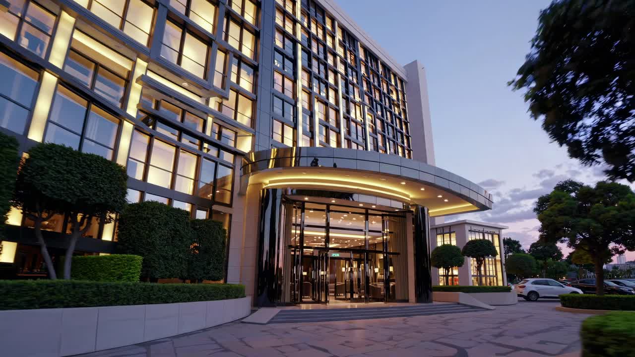Wide-angle video shot of a modern hotel entrance at dusk, showcasing ...