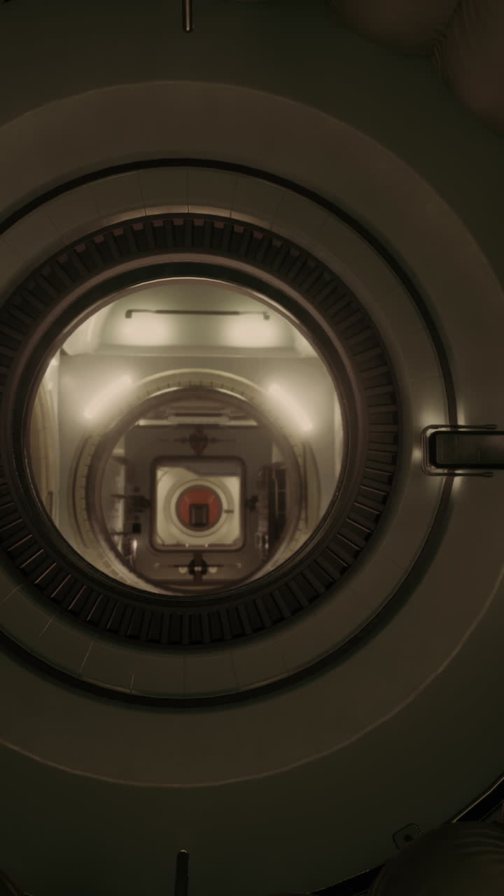 A futuristic spaceship interior with a round window