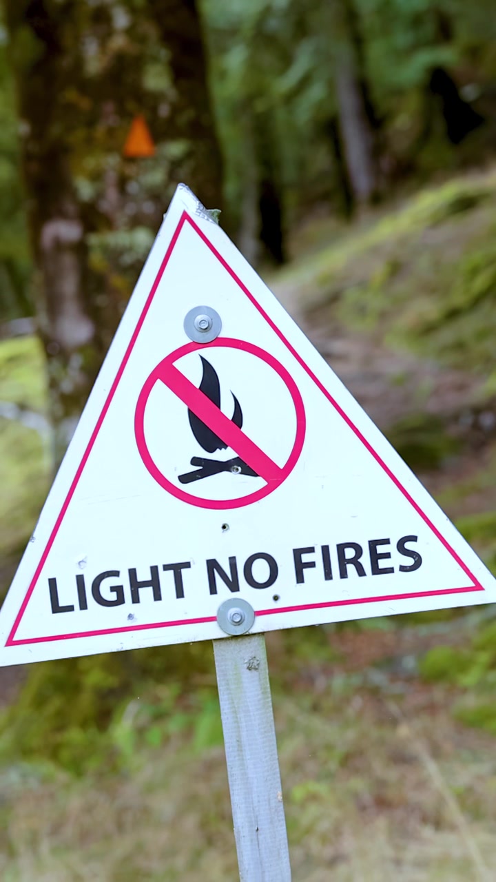 Warning sign prohibiting fires, forest background, handheld camera movement, natural daylight, outdoor setting