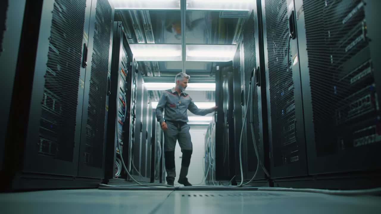 A Technician Troubleshoots High-Tech Servers in a Modern Data Center, Ensuring Optimal Performance and Reliable Network Connectivity for All Operations