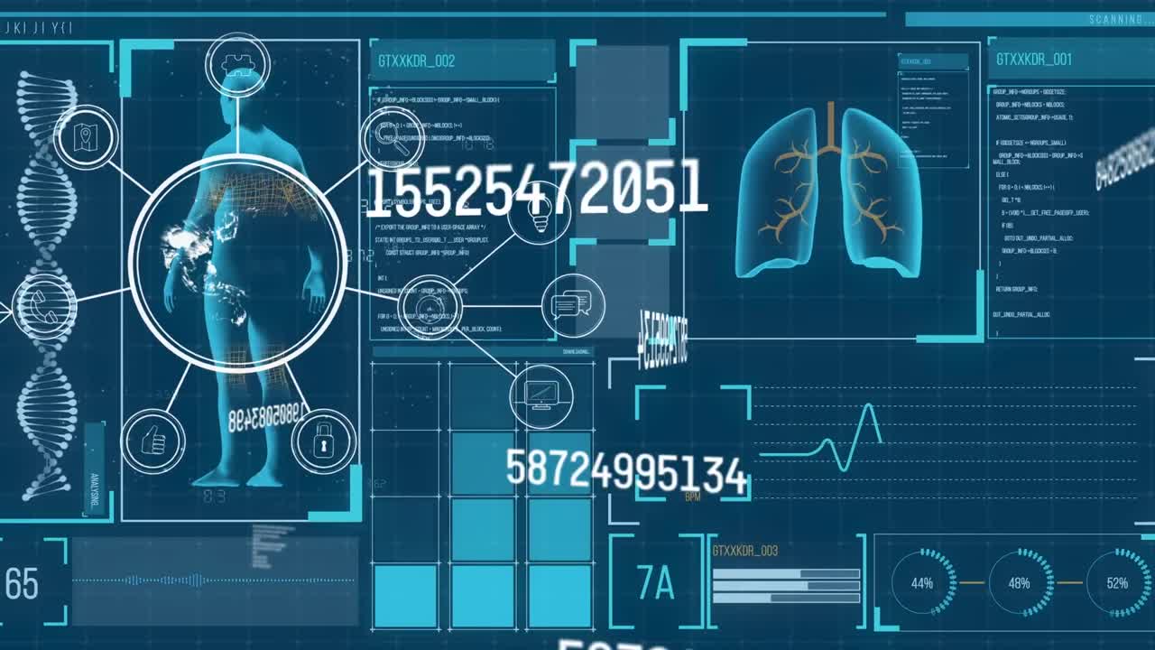 Animation of increasing numbers over screen with human body and diverse data