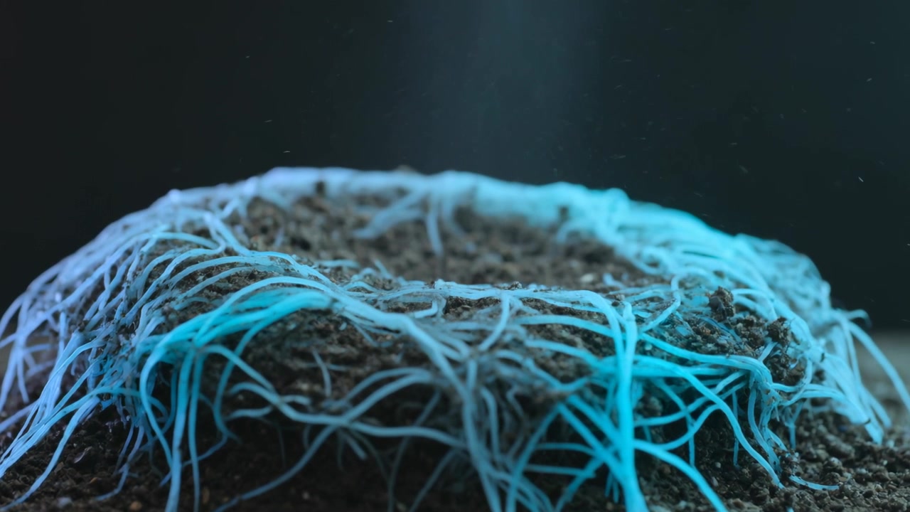 Un fascio di luce si concentra su un cumulo di terra su un tavolo, la telecamera si muove in avanti, filamenti blu si spostano e la polvere fluttua.