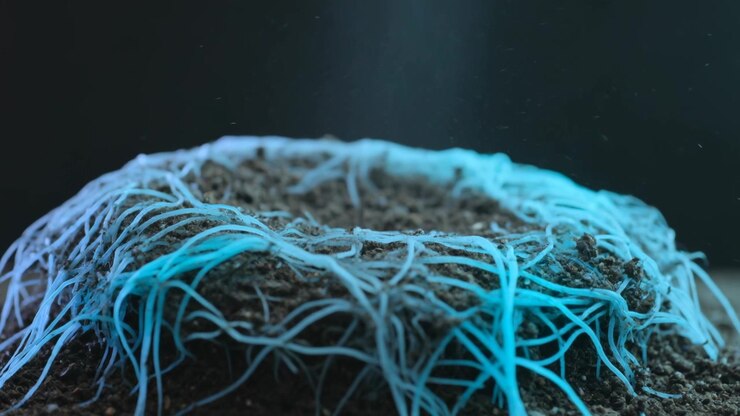 Un fascio di luce si concentra su un cumulo di terra su un tavolo, la telecamera si muove in avanti, filamenti blu si spostano e la polvere fluttua.