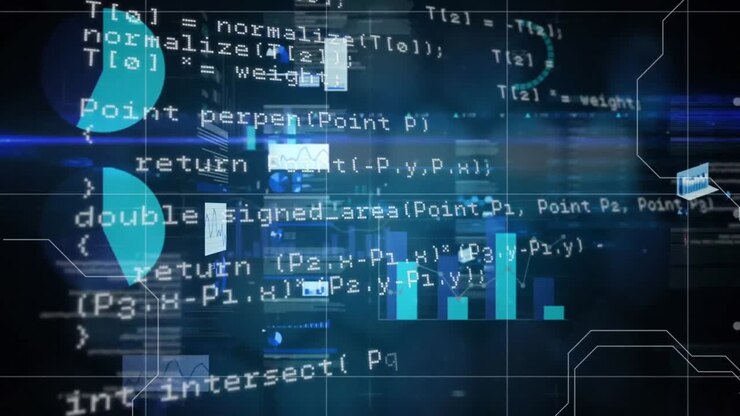 Digital animation of data processing over financial data processing on blue background