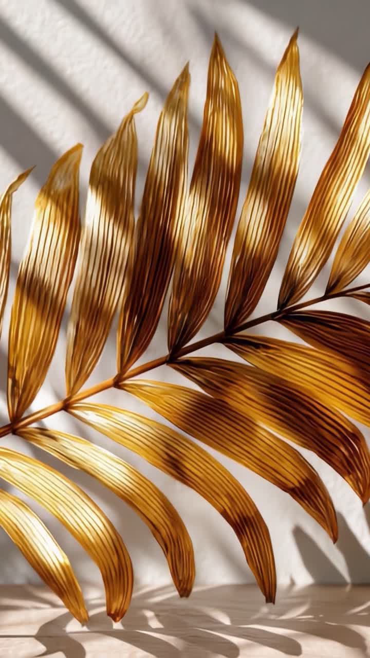 Elegante foglia di palma dorata che crea bellissime ombre con luce naturale soffusa in un'incantevole ambientazione interna, evidenziando texture e colori della natura