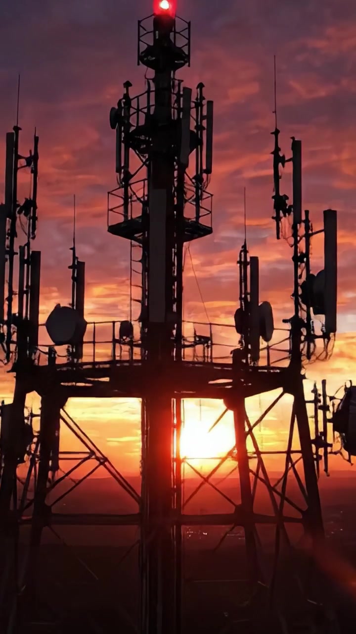 Un tramonto spettacolare sagoma una torre di comunicazione, irradiando bellezza ed eleganza industriale contro il cielo colorato, mettendo in mostra la maestosità della natura e l'innovazione umana