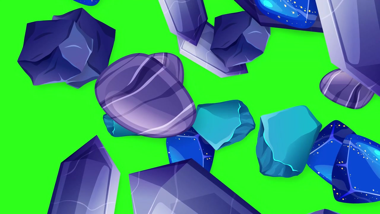 Stylized 2D crystals and gemstones fall vertically against a bright green screen background.