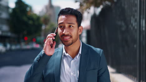Phone-call,-answer-and-man-in-city-with-online