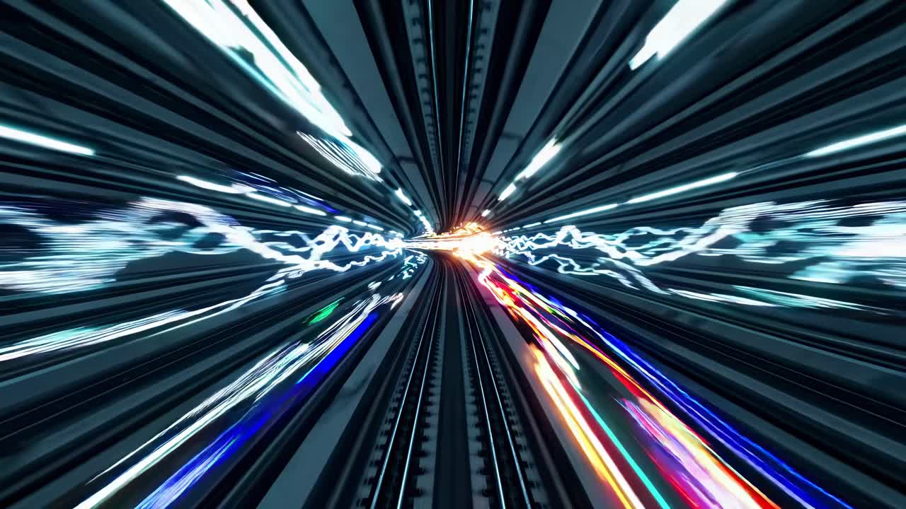 Fast Train Through a Colorful Night Tunnel