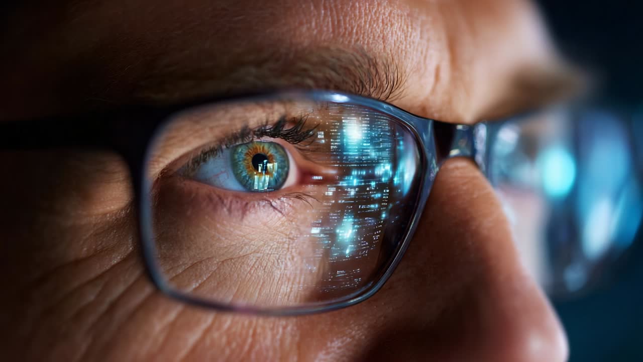 Focused Energy: The Intensity of Human Concentration Captured in the Distinctive Gaze and Reflected Digital Environment of a Person with Glasses Engaged in Deep Thought or Analysis