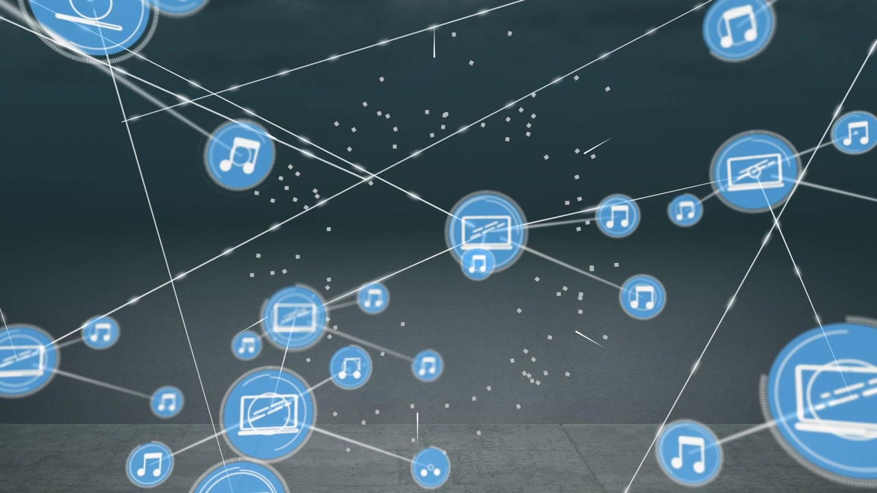 Animation of network of connections with icons over grey background