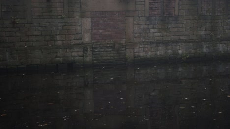 Murky-dirty-still-canal-water-wide-panning-shot