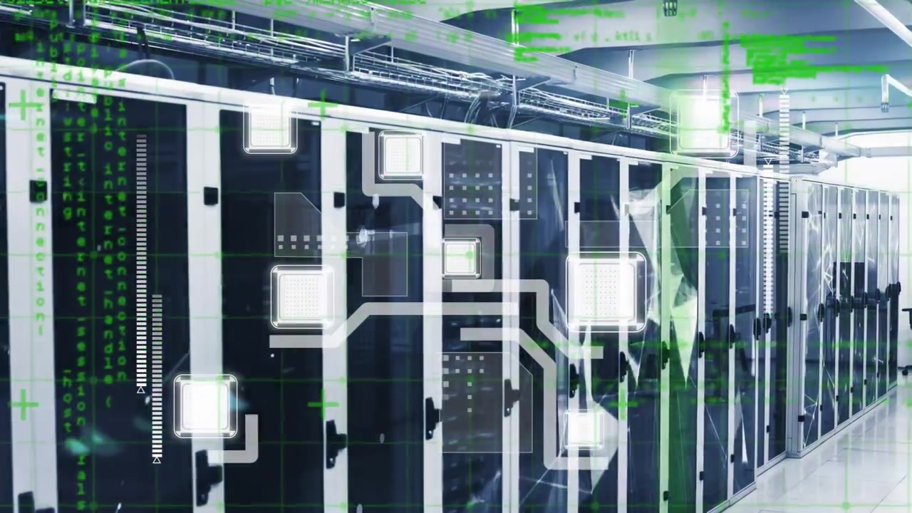 Animation of data processing and network of connections over server room