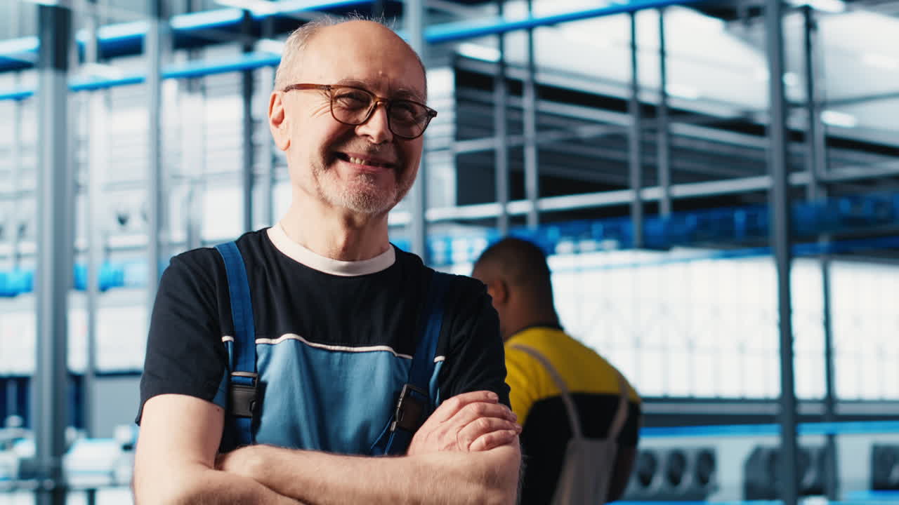 retrato de un ingeniero sénior alegre en una planta industrial que instala maquinaria