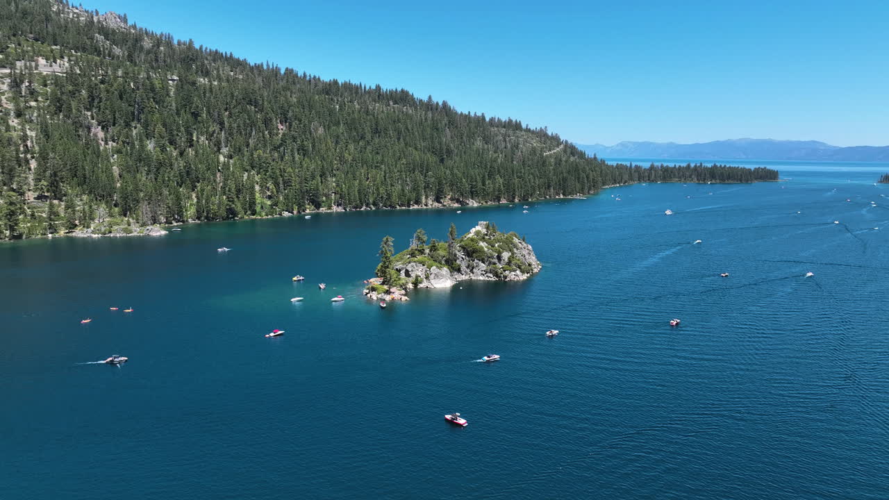 Aerial view approaching the Fannette Island on Emerald bay, summer in Tahoe, USA