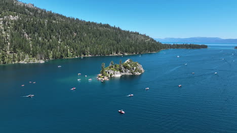 aerial view approaching the fannette island on emerald bay, summer in tahoe, usa