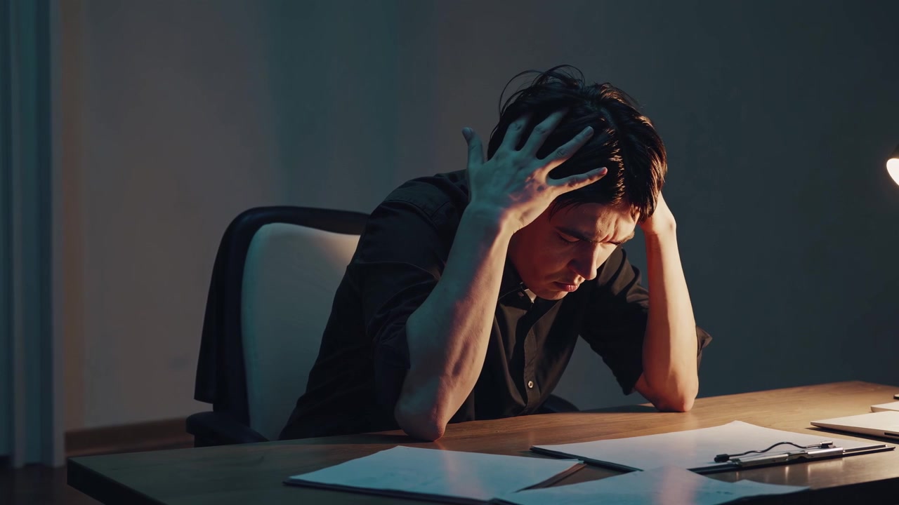 Stressed Young Man Holding Head at Desk in Dark Room