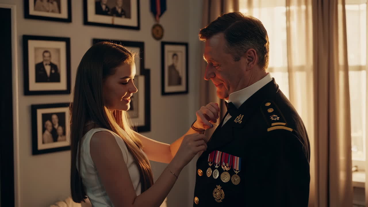 Daughter helps father with military uniform