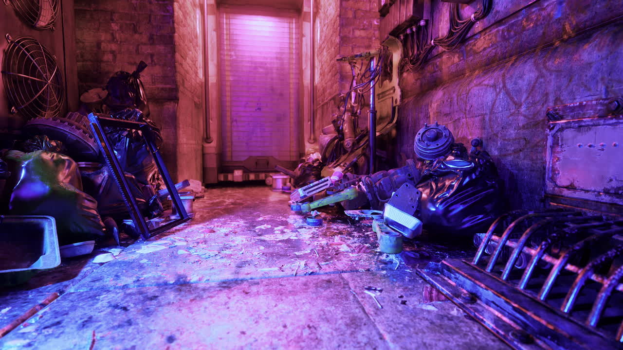 Urban alleyway filled with trash and neon lights at night