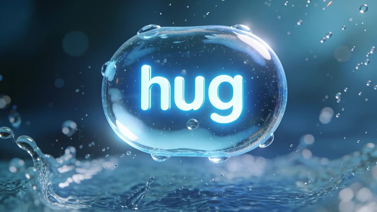 Falling speech-bubble water drop holding neon hug hitting water causing crown splash in studio pool