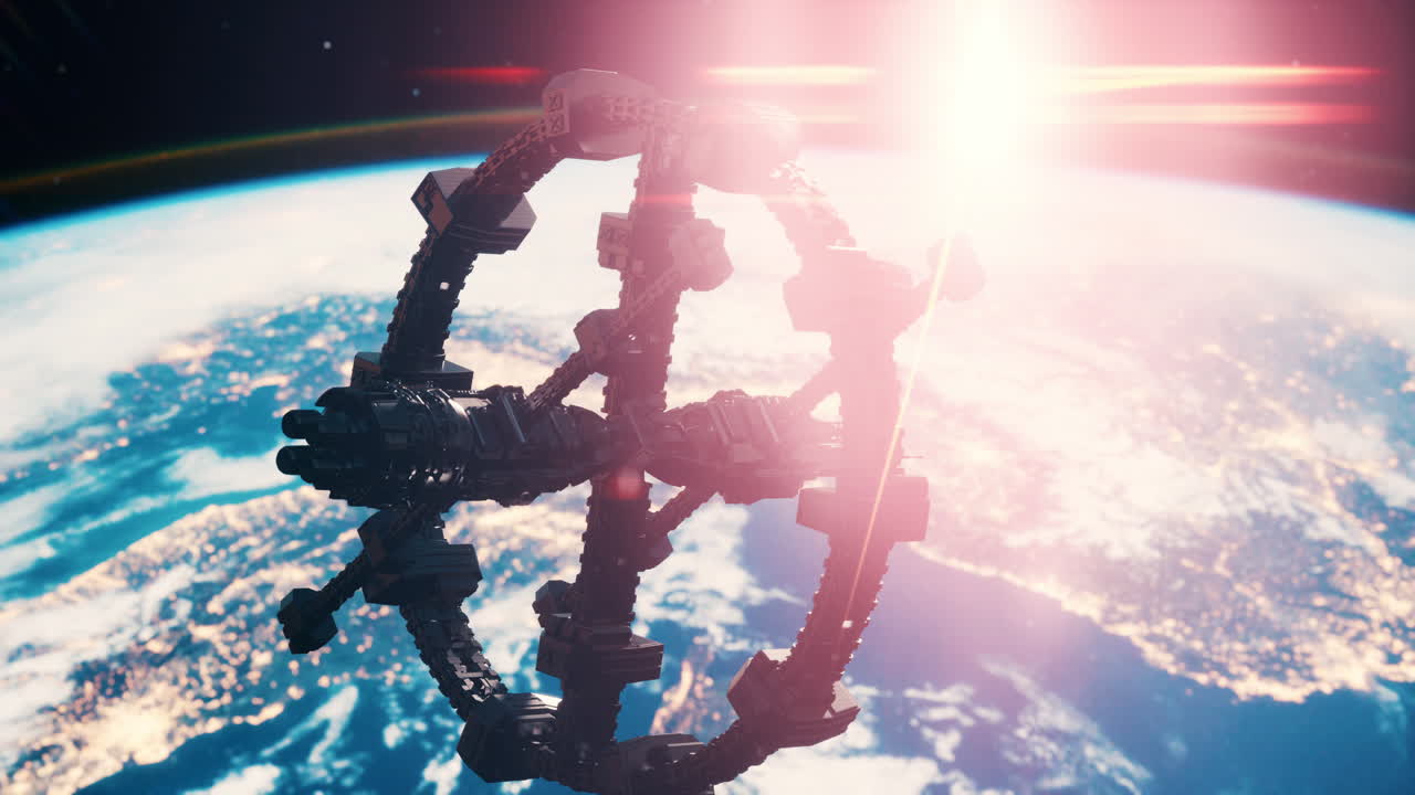 una enorme nave espacial muy detallada se acerca a la tierra.