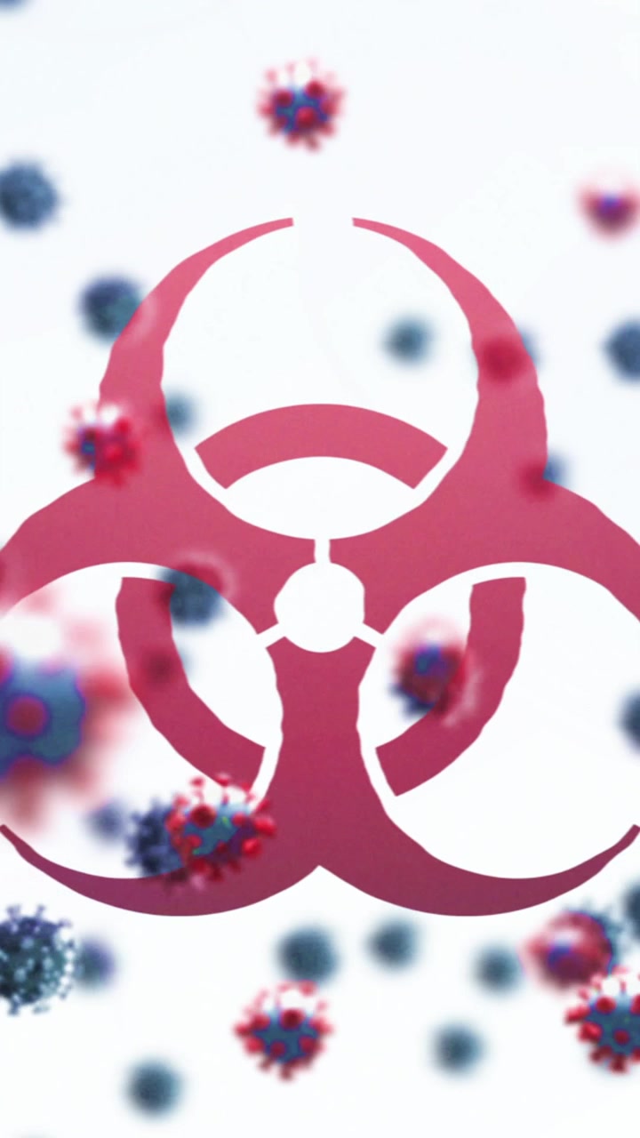 Animazione di un segno di virus rosso e macro cellule Covid-19 che fluttuano su sfondo bianco.