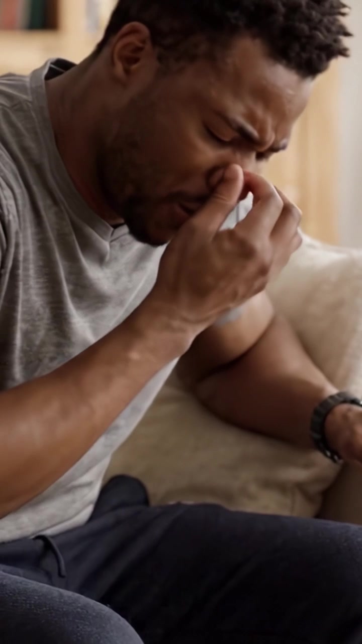 Um homem sente desconforto ao sentar, mostrando sinais de angústia e dor, destacando os desafios que vêm com doenças físicas e a vida cotidiana.