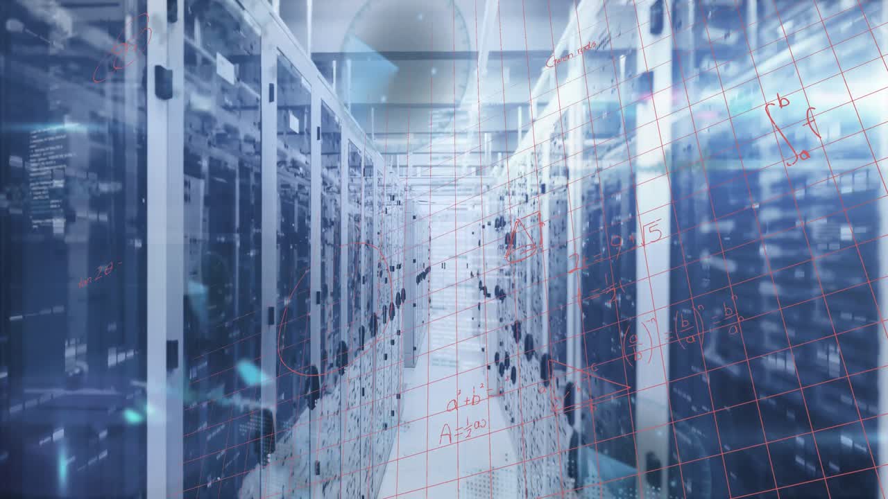 Animation of data processing and mathematical equations against computer server room