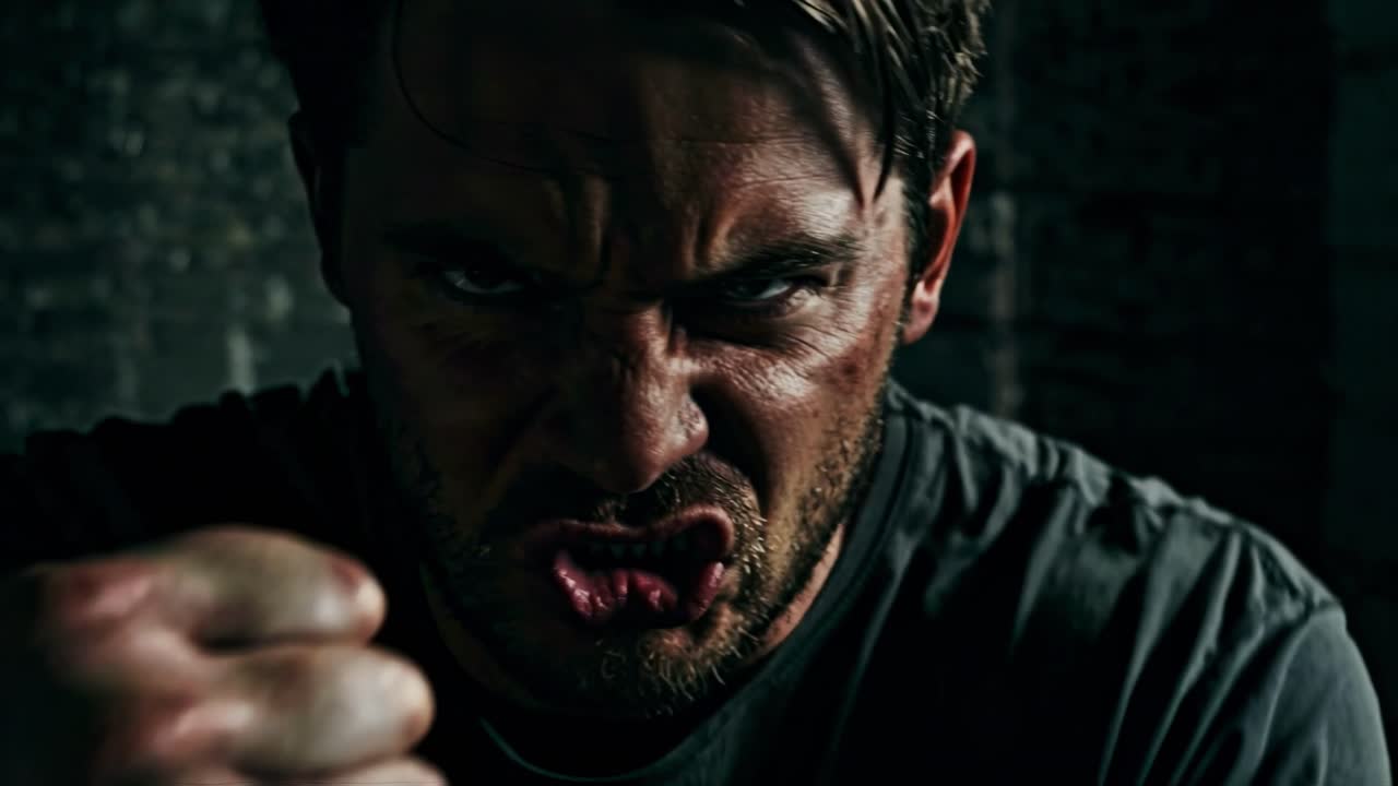 A powerful and intense emotion is vividly captured in a dramatic moment, set against a gritty and raw backdrop