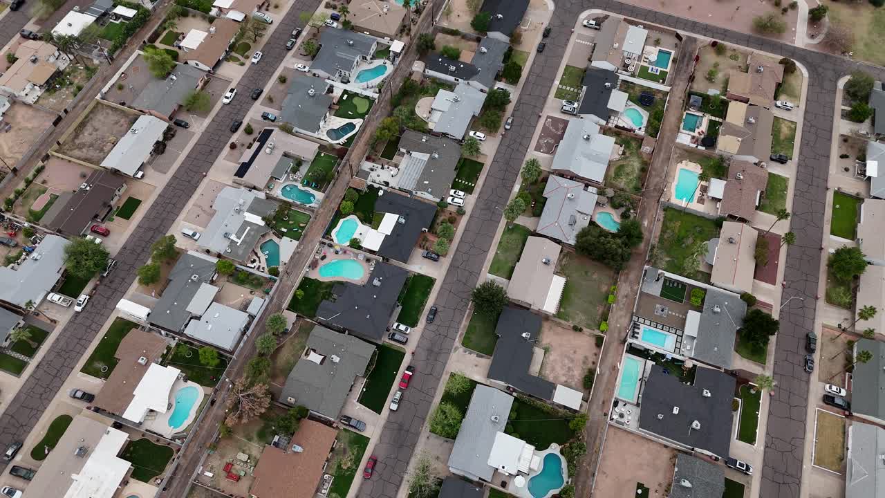 Birdseye Aerial View of Homes and Houses With Swimming Pool in Suburbs of Scottsdale, Arizona USA