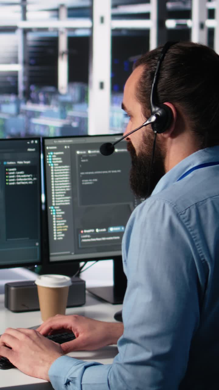 Vertical video Engineer in data center wearing headset assisting users with AI