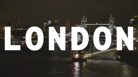 drone tiro del puente de la torre hms belfast y el horizonte de la ciudad con gráfico animado deletreando londres