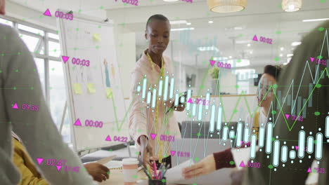 animation of financial data processing over diverse colleagues having meeting in office