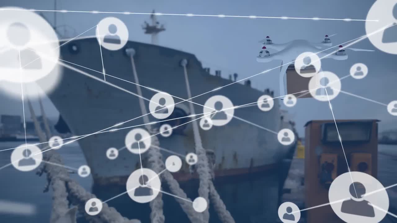 패키지를 운반하는 드론을 통해 아이콘으로 연결된 네트워크의 애니메이션