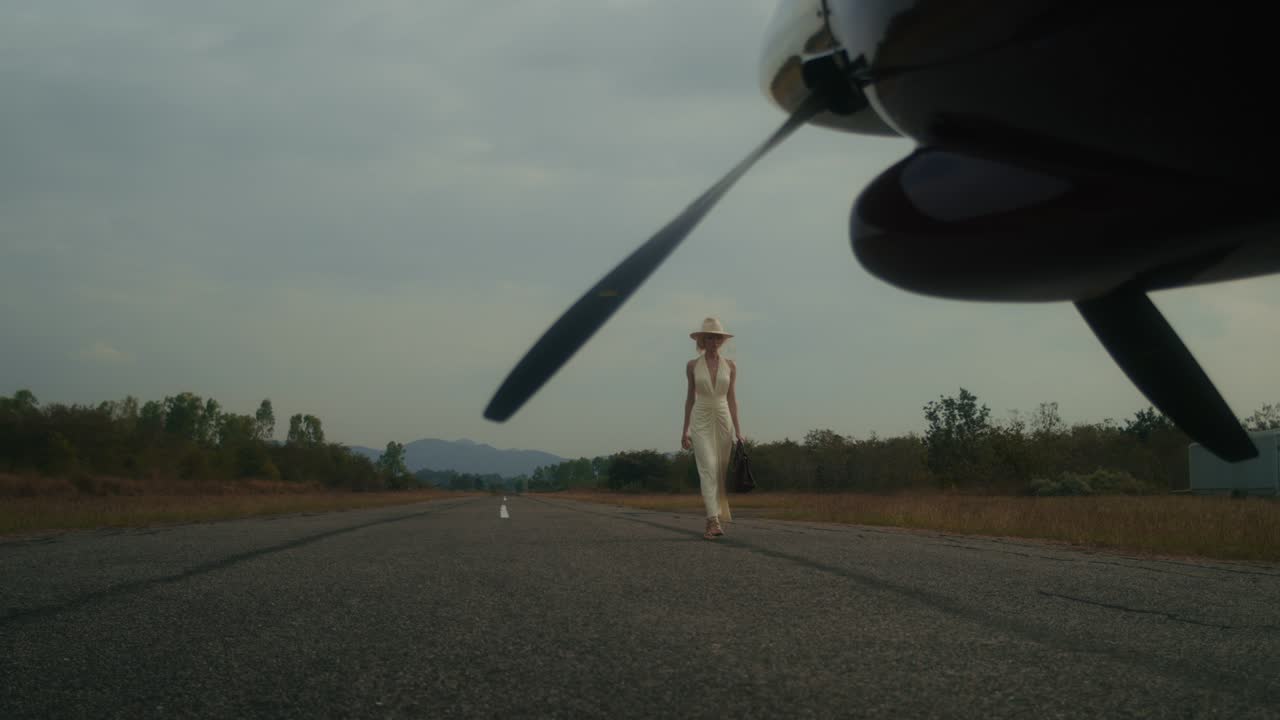 Woman walking on an airport runway with an airplane in background