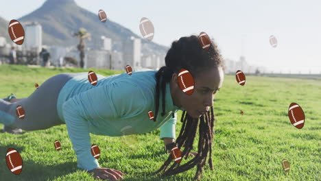 animación de iconos de la pelota de rugby sobre una mujer biracial haciendo ejercicio en el parque