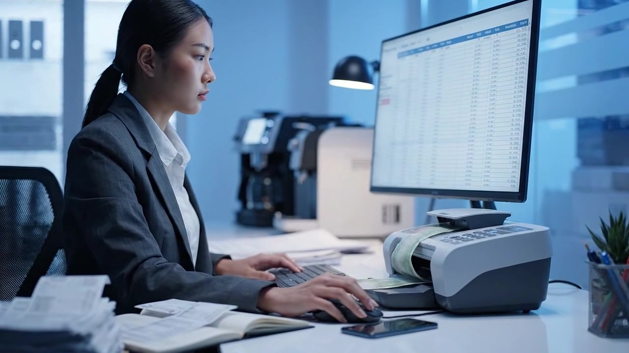 Konzentrierter Fachmann arbeitet an einem Schreibtisch mit Computer, erstellt Finanzberichte und analysiert Daten in einem modernen Büroumfeld.