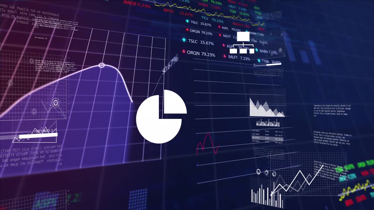 animación del procesamiento de datos financieros sobre un fondo oscuro