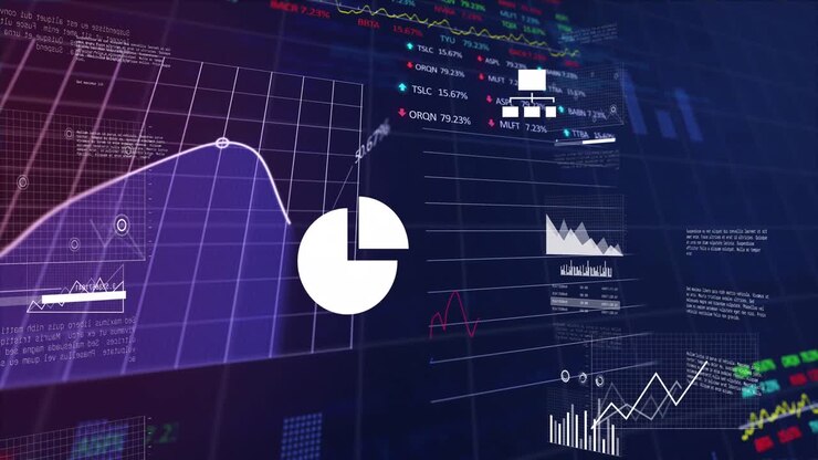 Animation of financial data processing over dark background