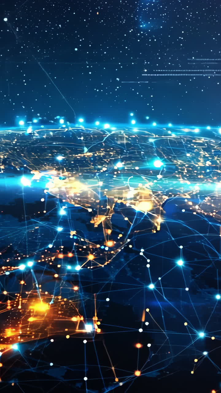 A blue and yellow globe with a network of lights on it. The lights are spread out across the globe, creating a sense of connectivity and interdependence. Concept of a global community