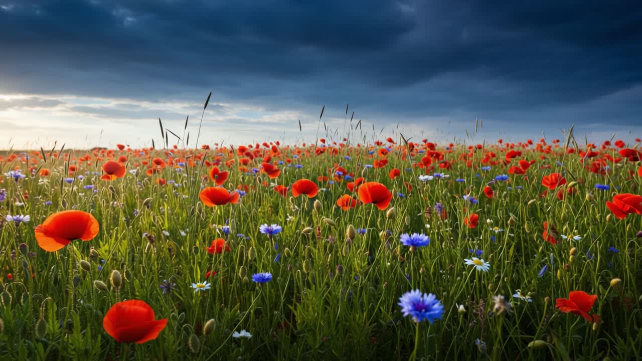 A Breathtaking Panoramic View of Vibrant Poppy and Wildflower Fields Under a Dramatic Sky Showcasing Nature's Beauty and Tranquility