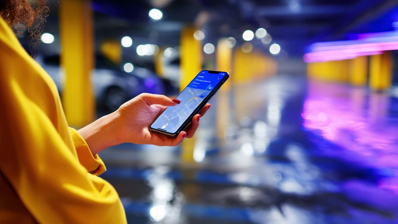 A person in a bright yellow jacket checks their smartphone in a dimly lit parking garage, illuminated by colorful lights reflecting off the wet floor, showcasing technology in daily life