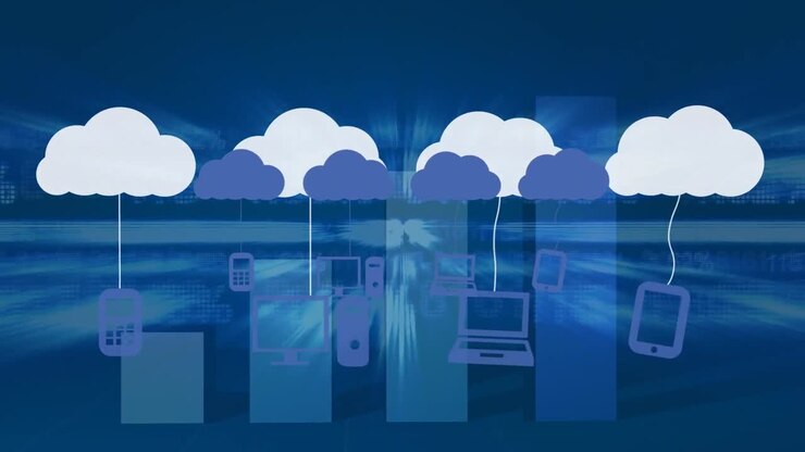 Animation of clouds with numbers and graphs over blue background