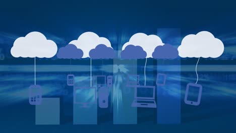 Animation-of-clouds-with-numbers-and-graphs-over-blue-background