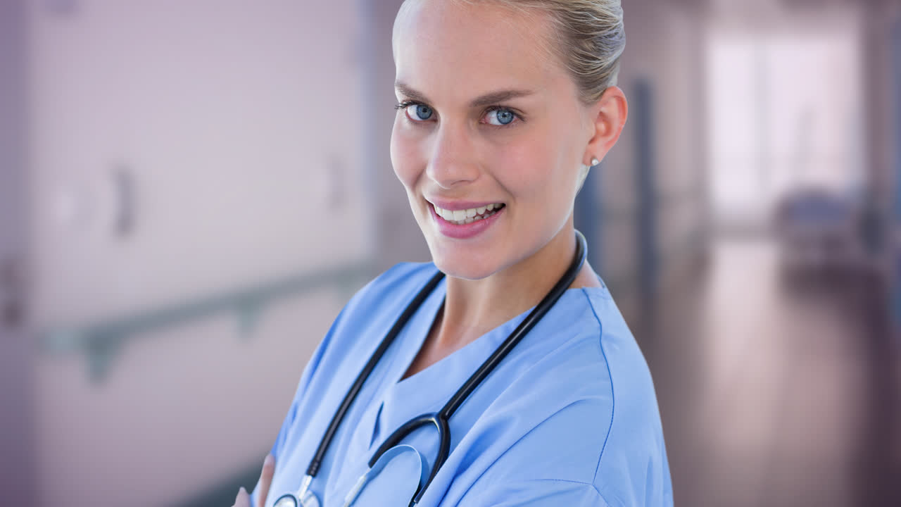 Animation of caucasian female nurse smiling over blue ribbon