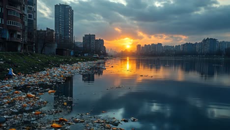 a vibrant sunset casts orange and yellow hues over a river lined with trash