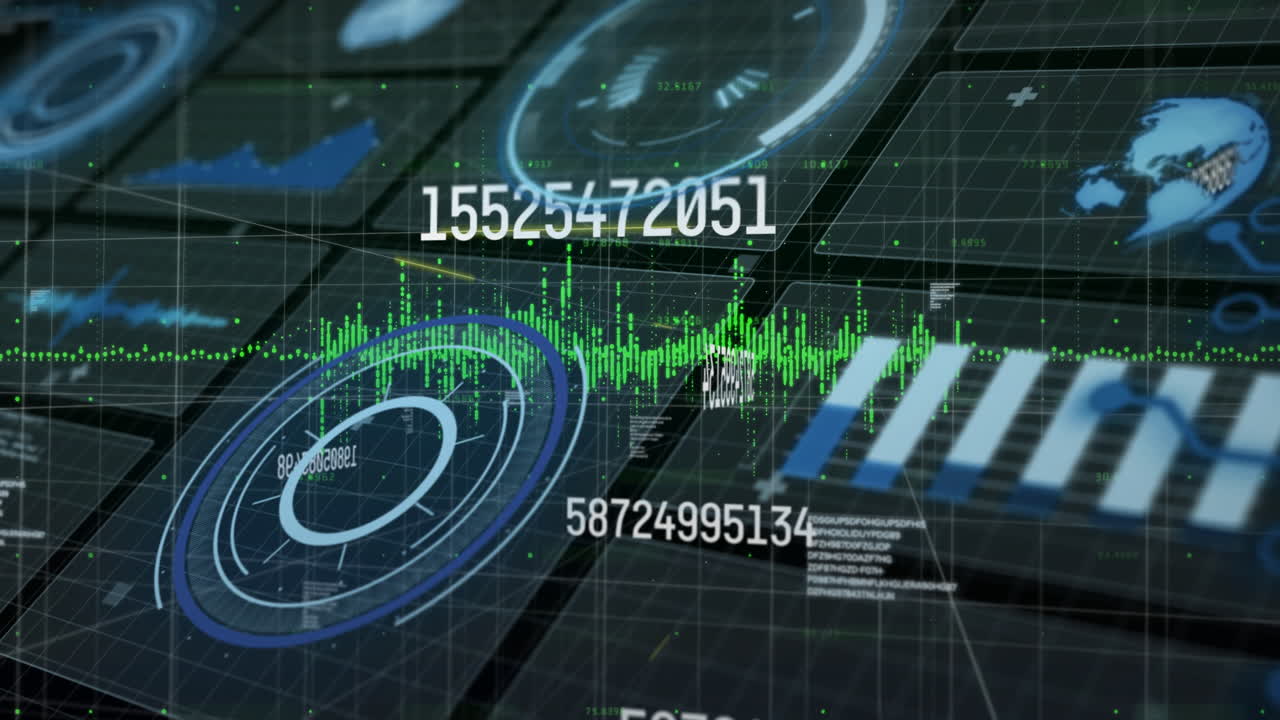 Animation of digital data and graphs overlaying futuristic technology interface